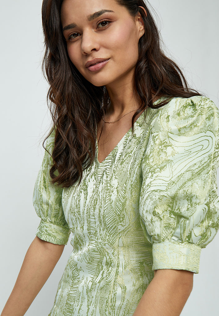 Peppercorn Marcy Jacquard V-Neck Dress Dress 3254P Green Mint Print