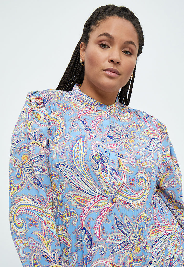 Peppercorn Mitzi Plisse Blouse Curve Blouse 1041P Dusty Blue Print