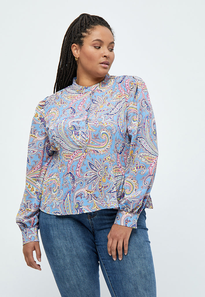 Peppercorn Mitzi Plisse Blouse Curve Blouse 1041P Dusty Blue Print