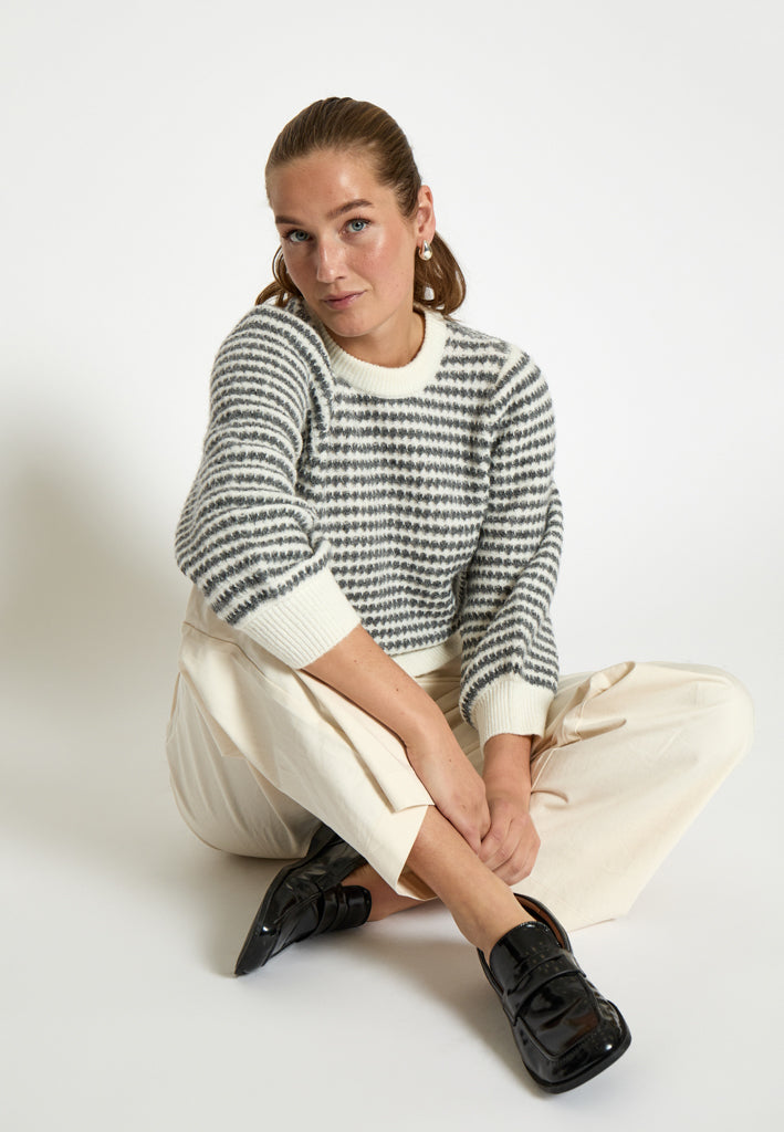 Peppercorn PCCamilla 3/4 Sleeve Striped Knit Pullover Pullover 0331S Natural Beige Stripe