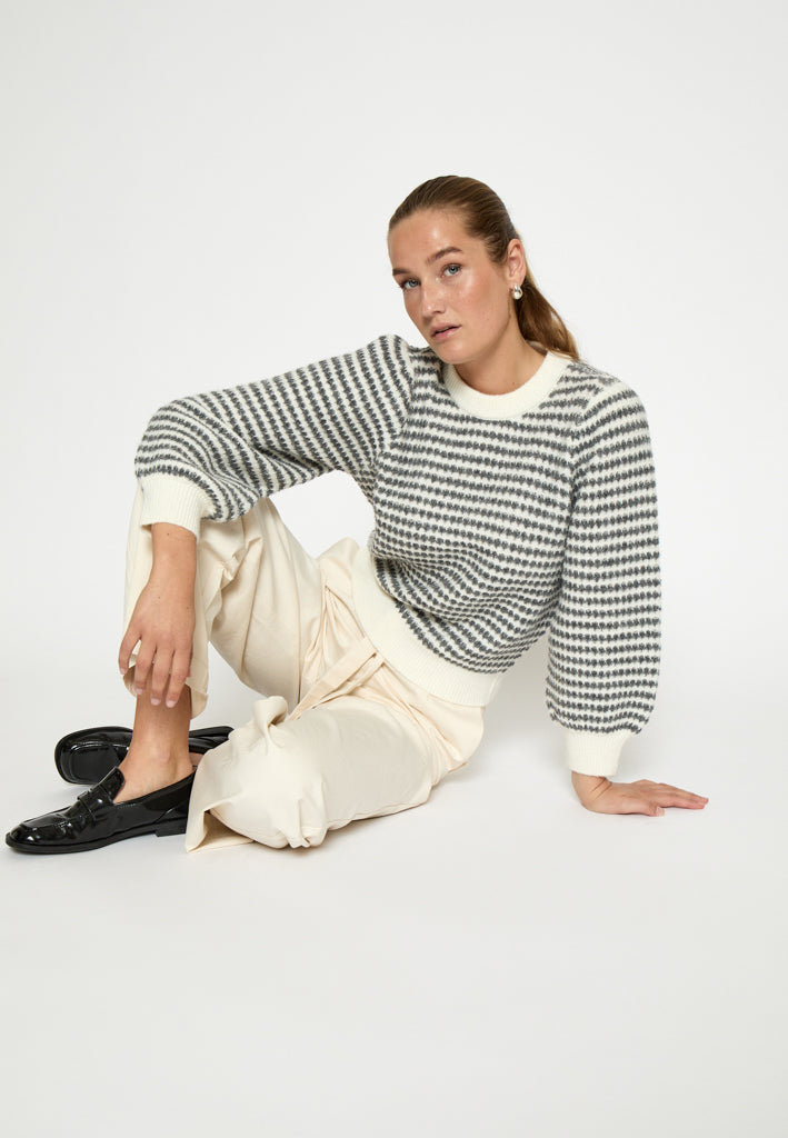 Peppercorn PCCamilla 3/4 Sleeve Striped Knit Pullover Pullover 0331S Natural Beige Stripe