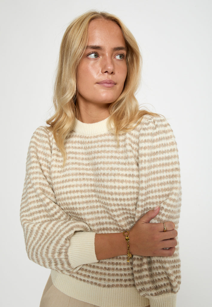 Peppercorn PCCamilla 3/4 Sleeve Striped Knit Pullover Pullover 0331S Natural Beige Stripe