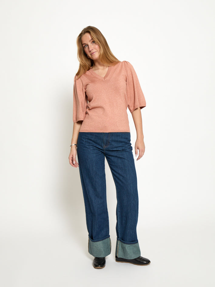 Peppercorn PCGlenda Remi Short Sleeve Knit Pullover 651MET Cafe Creme Metallic