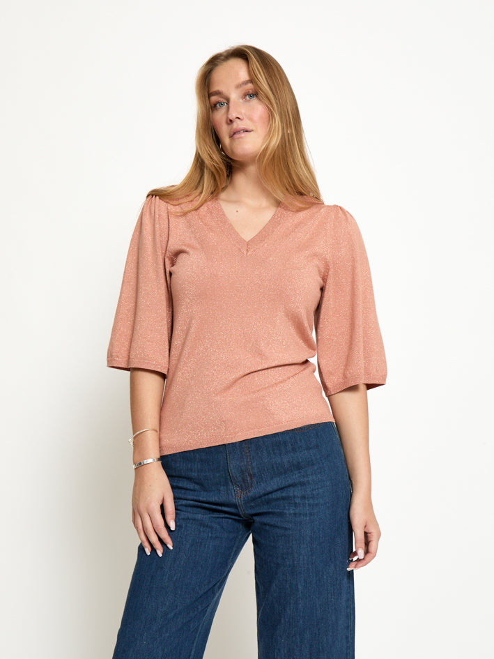 Peppercorn PCGlenda Remi Short Sleeve Knit Pullover 651MET Cafe Creme Metallic