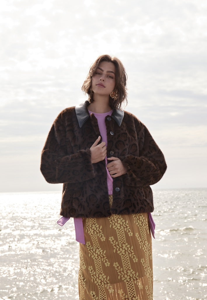 Peppercorn PCPat Faux Fur Jacket Jacket 345 DARK BROWN PRINT