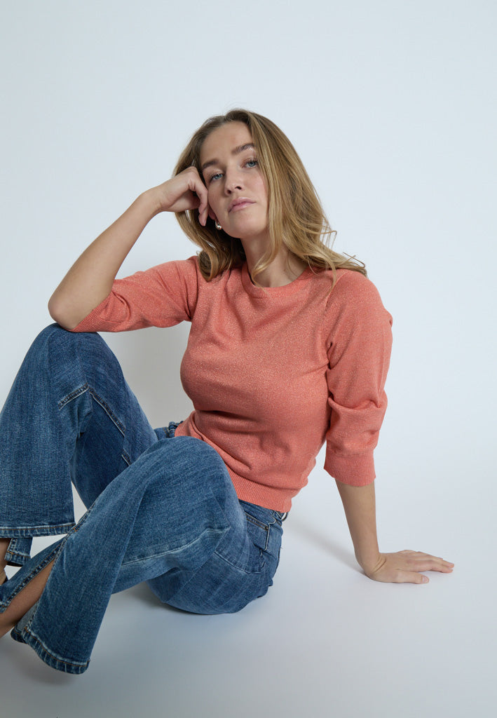 Peppercorn PCRemi 3/4 Puff Sleeve Knit Pullover Pullover 4173MET Warm Coral Metallic