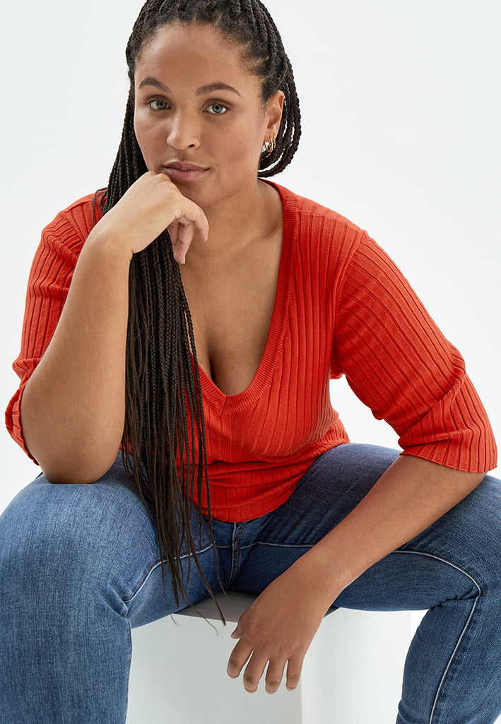 Peppercorn PCTana V Rib Pullover Curve Pullover 4209 RED ORANGE