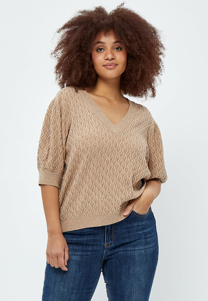 Peppercorn Rosalia V-Neck Knit T-Shirt Curve T-Shirt 0273M Warm Sand Melange