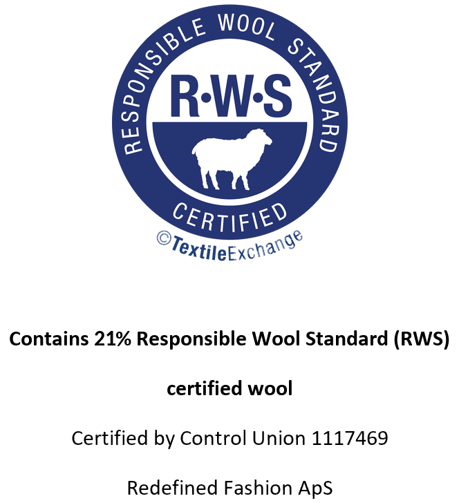 Contains 21% Responsible Wool Standard (RWS) certified wool. Certified by Control Union 1117469. Redefined Fashion ApS