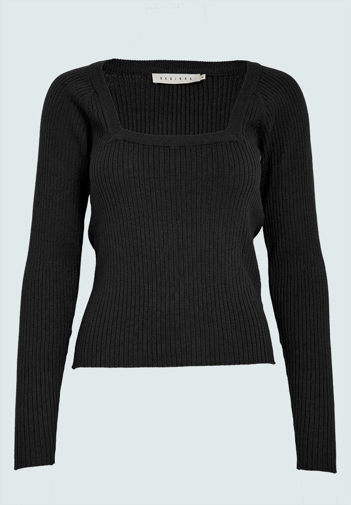 Desires DSAneli Rib Square Neck Long Sleeve Top Top 9000 Black