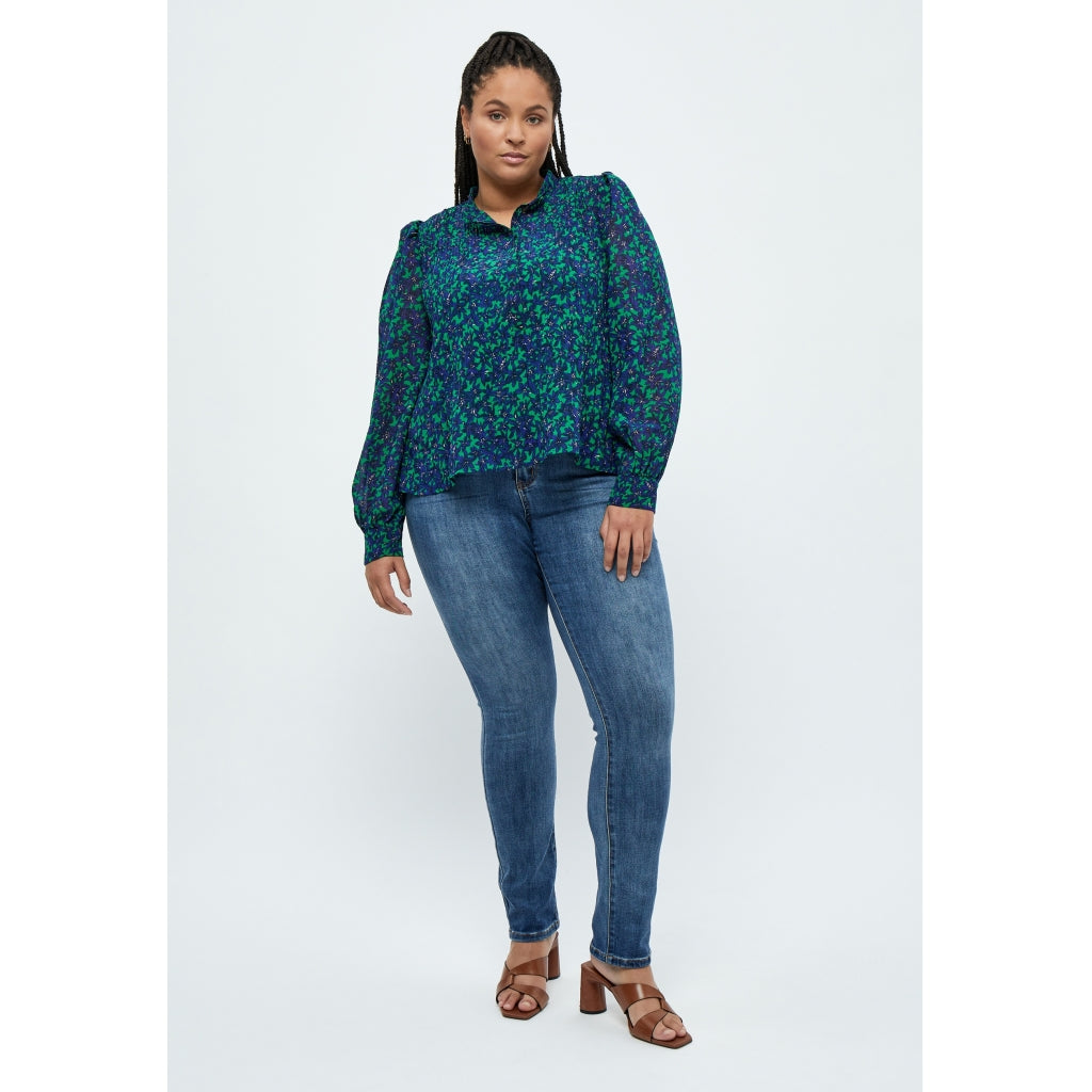 Peppercorn Levi Plisse Blouse Curve Blouse 554P Blue Graphic Print