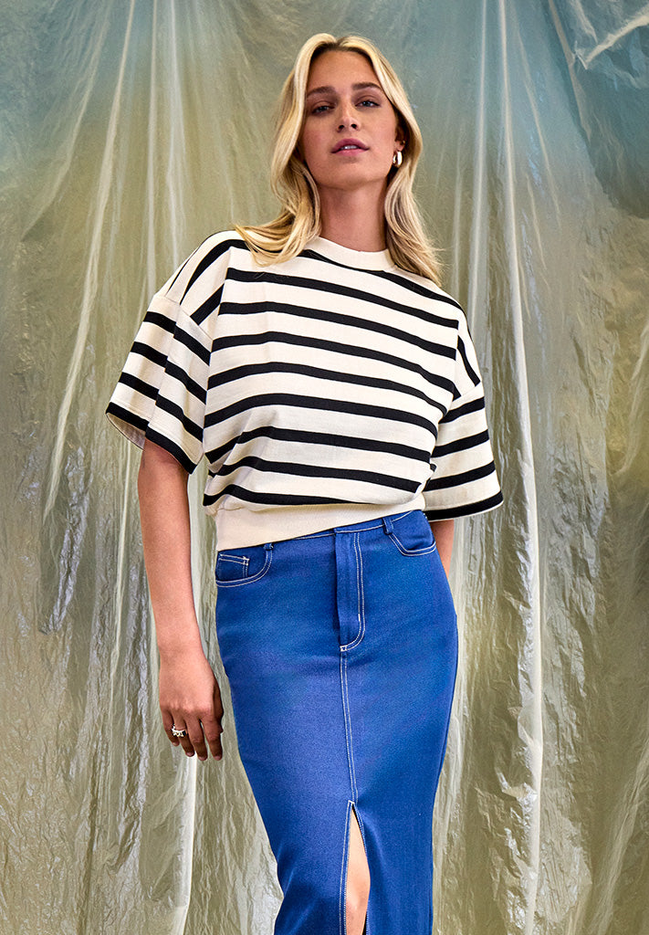 Minus MSEstella Short Sleeve Sweat Sweatshirt 100S Black Striped