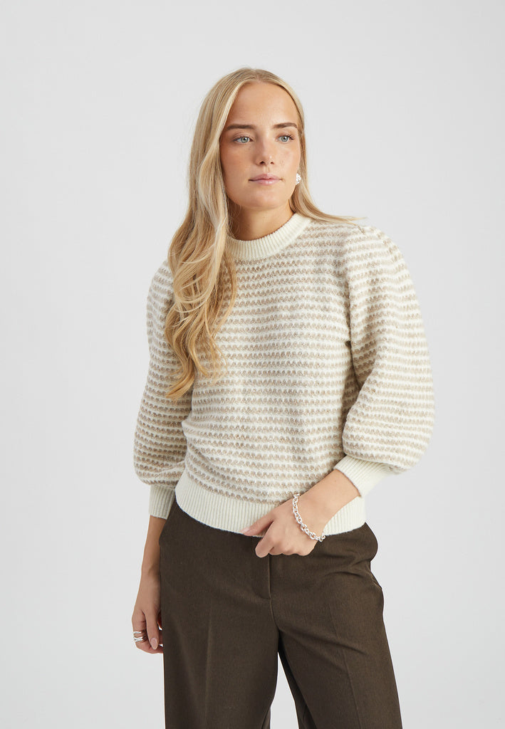 Peppercorn Camila 3/4 Sleeve Striped Knit Pullover - Natural Beige Stripe