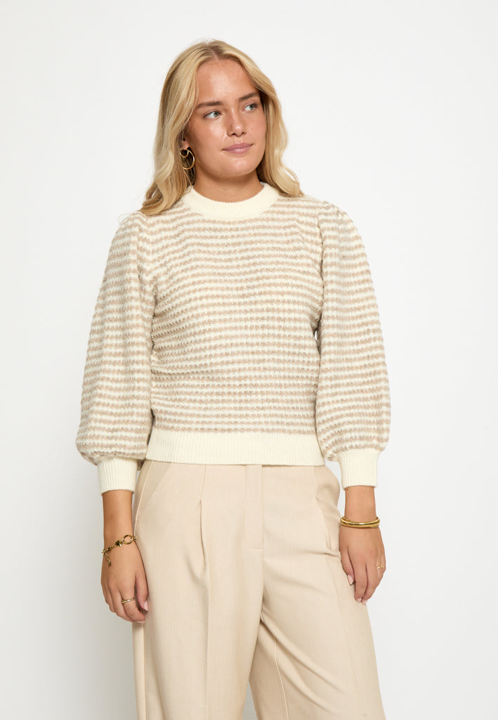 Peppercorn PCCamilla 3/4 Sleeve Striped Knit Pullover Pullover 0331S Natural Beige Stripe