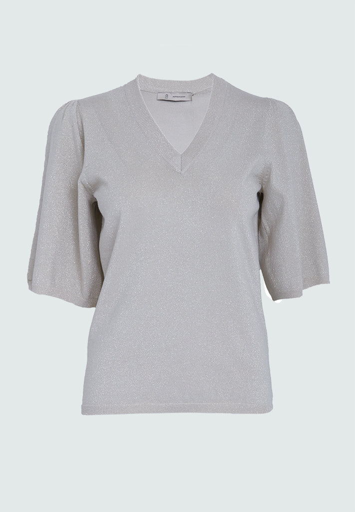 Peppercorn PCGlenda Remi Short Sleeve Knit Pullover 2206MET Fog Sand Metallic