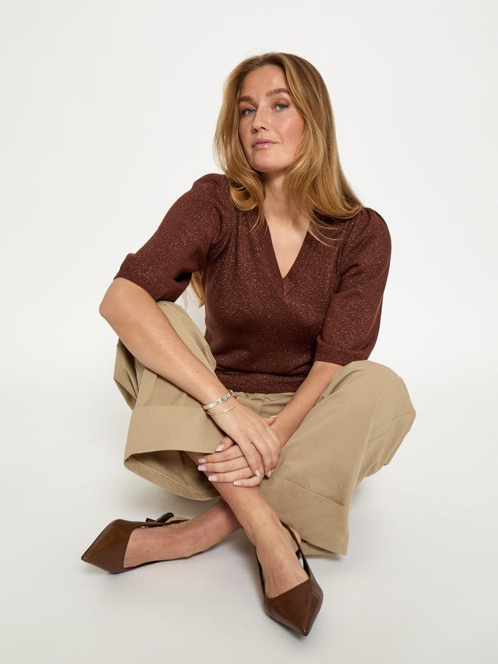 Peppercorn PCGlenda Remi Short Sleeve Knit Pullover 5047MET Cherry Mahogany