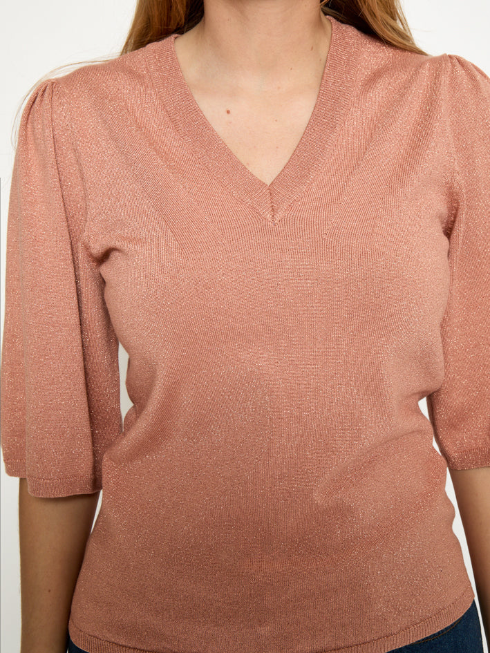 Peppercorn PCGlenda Remi Short Sleeve Knit Pullover 651MET Cafe Creme Metallic