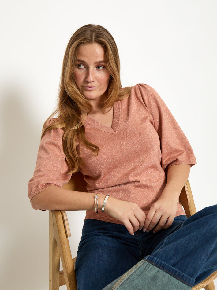 Peppercorn PCGlenda Remi Short Sleeve Knit Pullover 651MET Cafe Creme Metallic