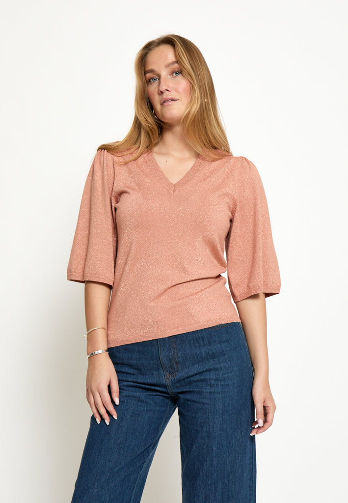 Peppercorn PCGlenda Remi Short Sleeve Knit Pullover 651MET Cafe Creme Metallic