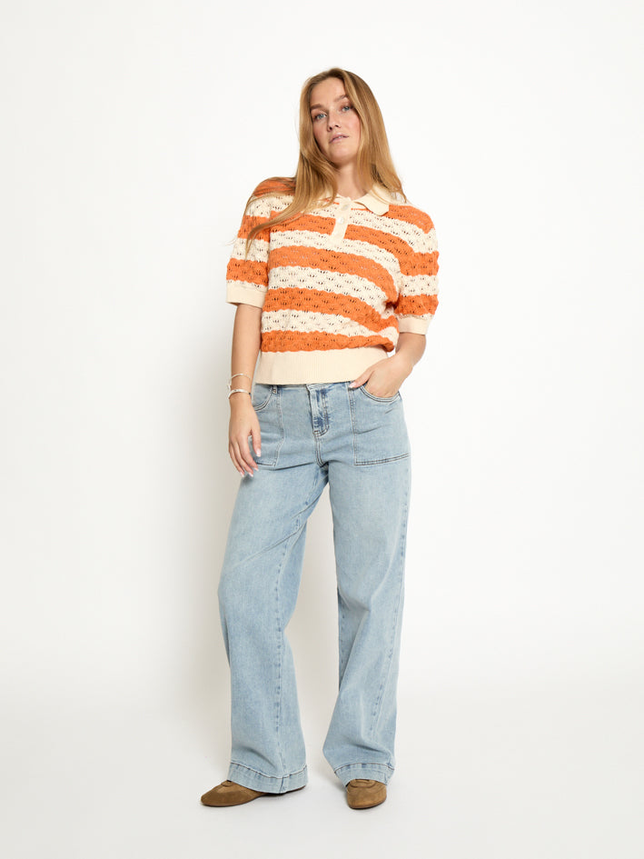 Peppercorn PCNaji Knit Polo Pullover 6070S Orange Peel Stripe