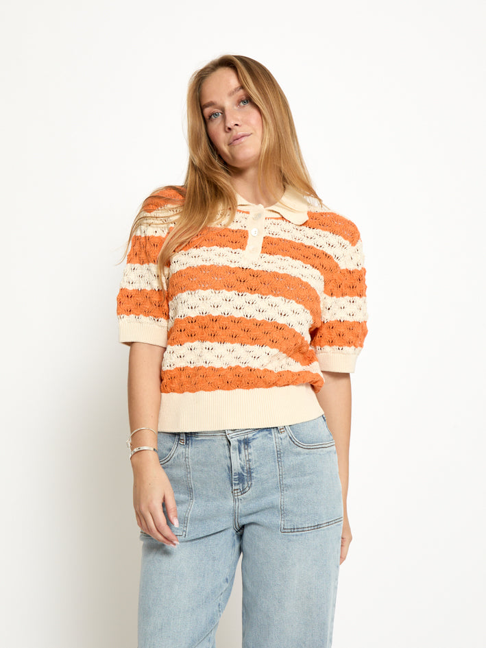 Peppercorn PCNaji Knit Polo Pullover 6070S Orange Peel Stripe