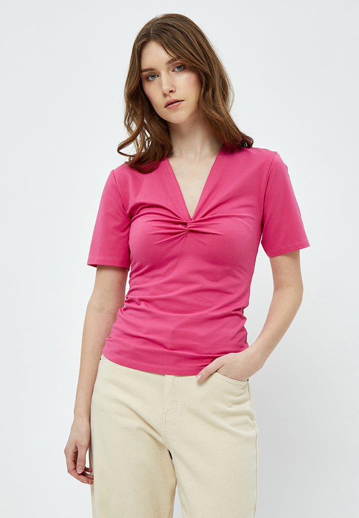 Peppercorn PCNina GOTS V Knot Top T-Shirt 0432 Shocking Pink