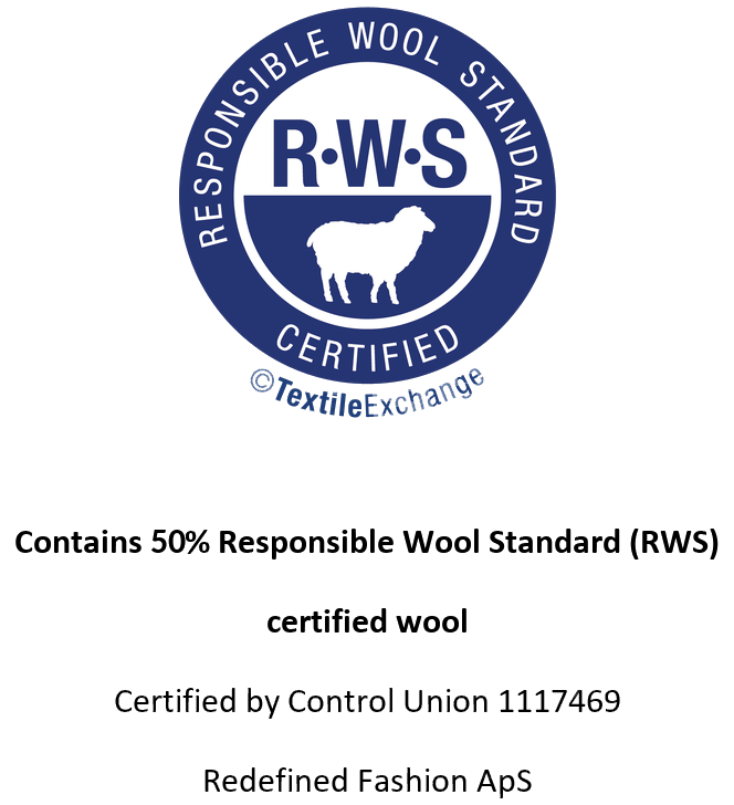 Contains 50% Responsible Wool Standard (RWS) certified wool. Certified by Control Union 1117469. Redefined Fashion ApS